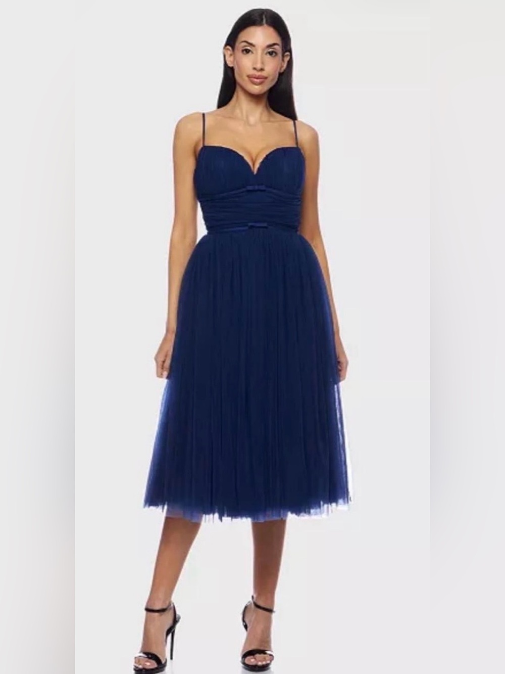 Alex & Sophia Elegant Navy Tulle Midi Dress with Spaghetti Straps NWT